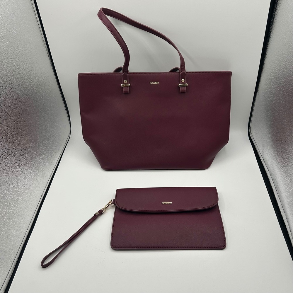 LOVEVOOK Tote Bag and Wristlet Set Women Burgundy Saffiano Faux Leather